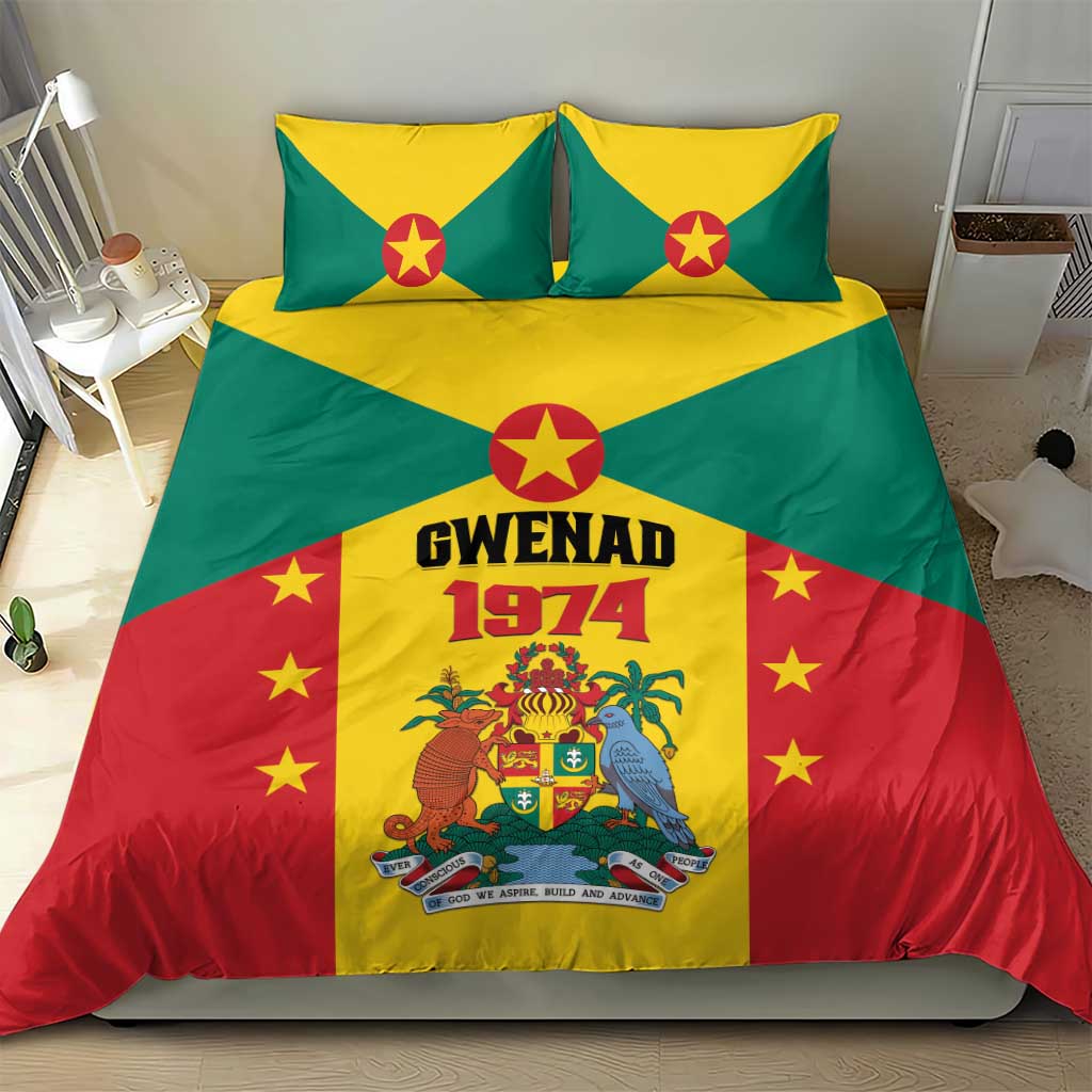 Flag-themed bedding set with three panels in green, yellow, red stars and GWENAD 1974 crest
