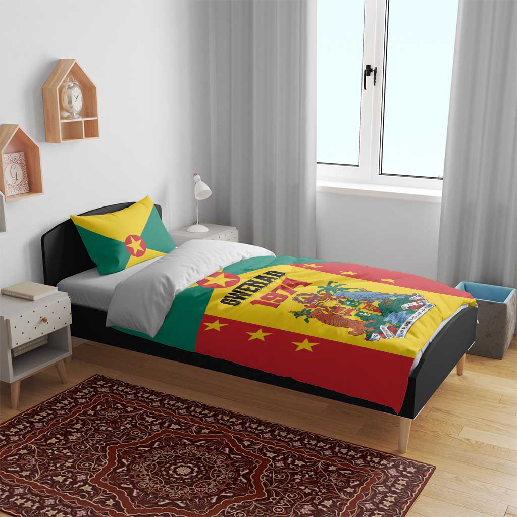 Flag-themed bedding set on a bed with green, yellow, red stars and GWENAD 1974 crest print