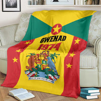 Grenada flag style fleece blanket with Gwenad 1974 crest and stars, blanket on armchair