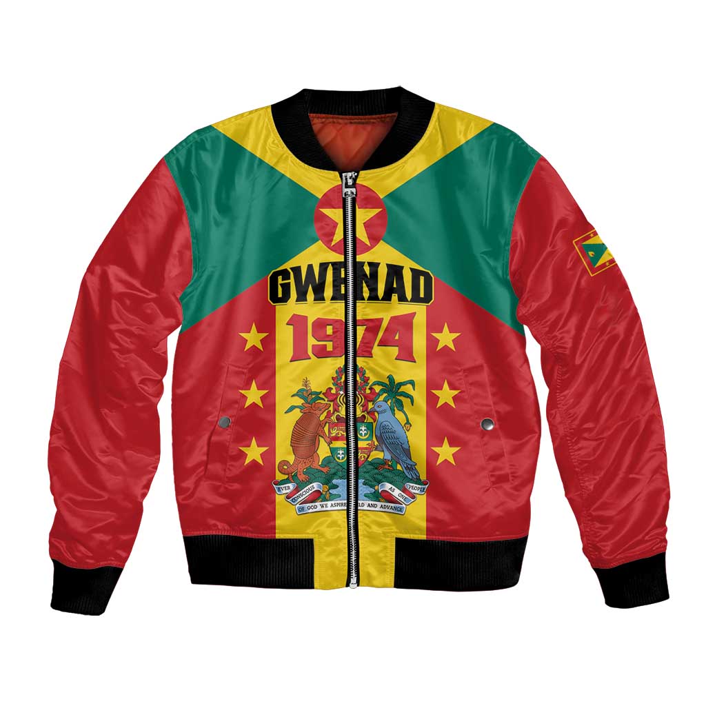 Colorful bomber jacket with Grenada flag crest graphic, front zip and striped cuffs