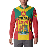Yellow and red button-up sweatshirt with green collar and Gwenad 1974 front design