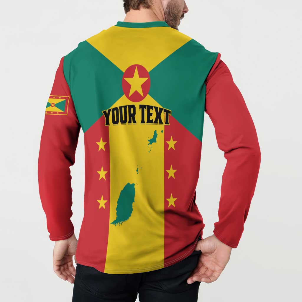 Red and green button-up sweatshirt with back flag print and 'YOUR TEXT' across