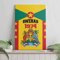 Vertical canvas wall art featuring Grenada flag colors, GWENAD 1974 coat of arms and stars