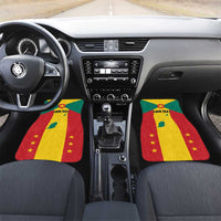 Two Grenada flag-style front car floor mats, red/yellow/green stars with “YOUR TEXT”