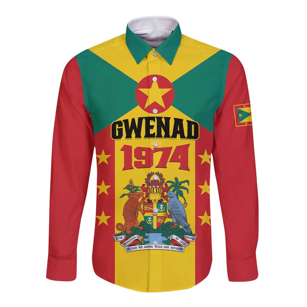 Long sleeve button shirt with colorful Grenada crest graphic, front view