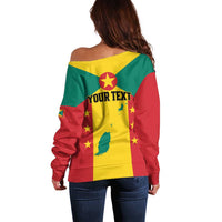 Women’s off-shoulder sweater, back graphic says YOUR TEXT in Grenada flag colors