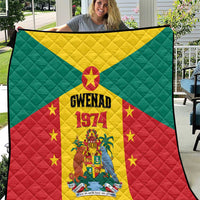 Grenada flag quilt with Gwenad 1974 crest, quilted red yellow green panels and stars.