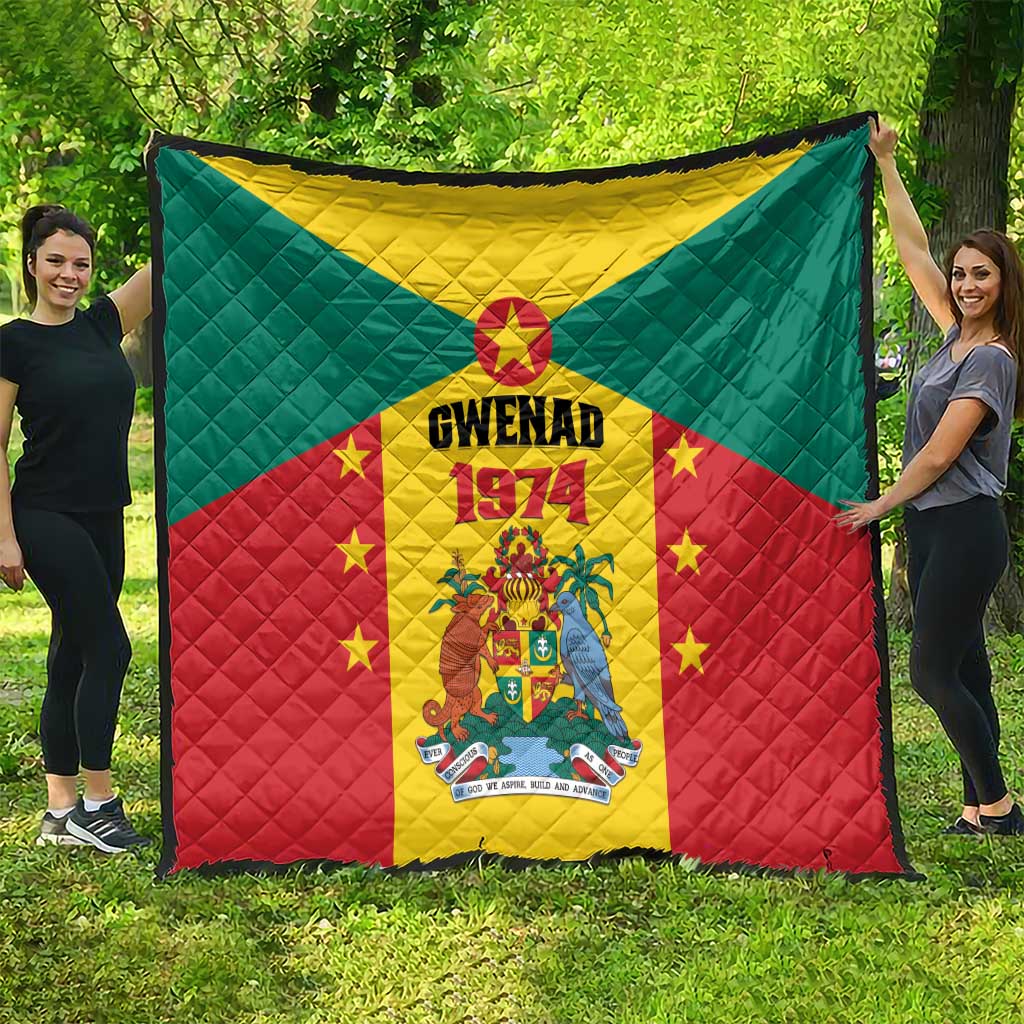 Grenada flag-style quilt with Gwenad 1974 crest, red green yellow quilted fabric with stars.