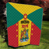 Grenada flag quilt showing Gwenad 1974 text and coat of arms, red yellow green with stars.