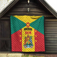 Grenada flag-style quilt hanging indoors with Gwenad 1974 coat of arms and star details.
