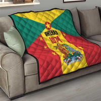 Grenada flag quilt on sofa showing Gwenad 1974 crest and red yellow green star design.