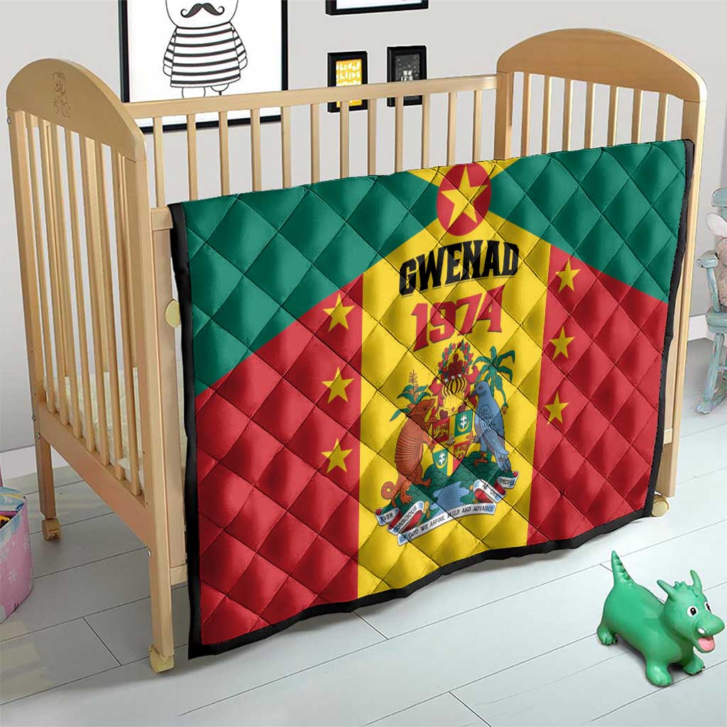 Grenada flag quilt on baby crib with Gwenad 1974 crest and surrounding stars, red yellow green.