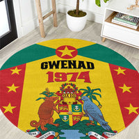 Round area rug with yellow, green, red flag design, GWENAD 1974 crest and stars
