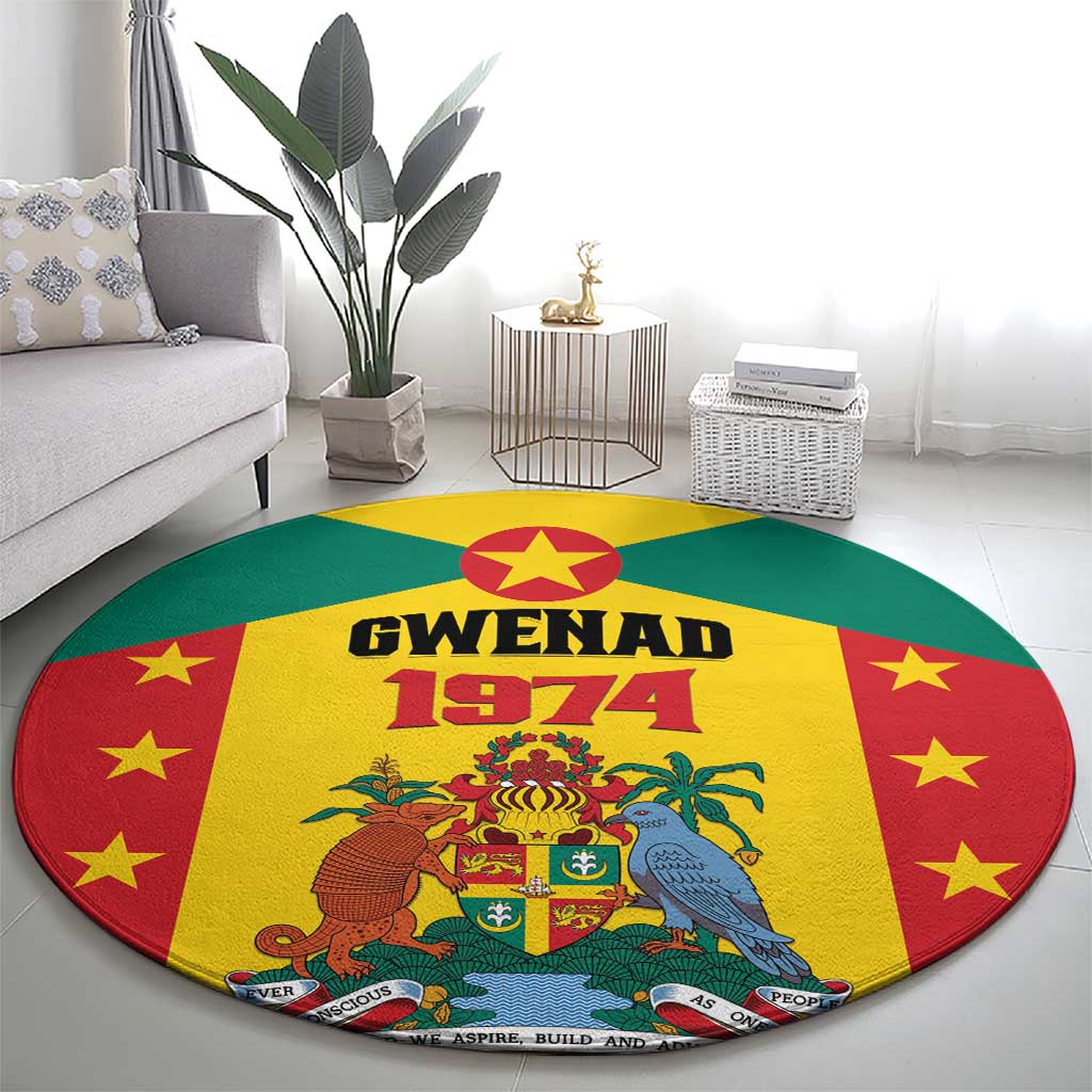 Round area rug in living room with yellow crest artwork, GWENAD 1974 and red star border