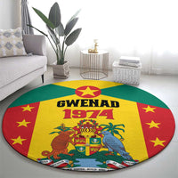 Round area rug in living room with yellow crest artwork, GWENAD 1974 and red star border