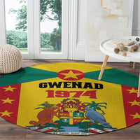 Round carpet with yellow center panel, green and red stripes, GWENAD 1974 crest and stars