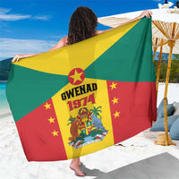 Grenada flag style sarong with coat of arms print, green red yellow panels and stars