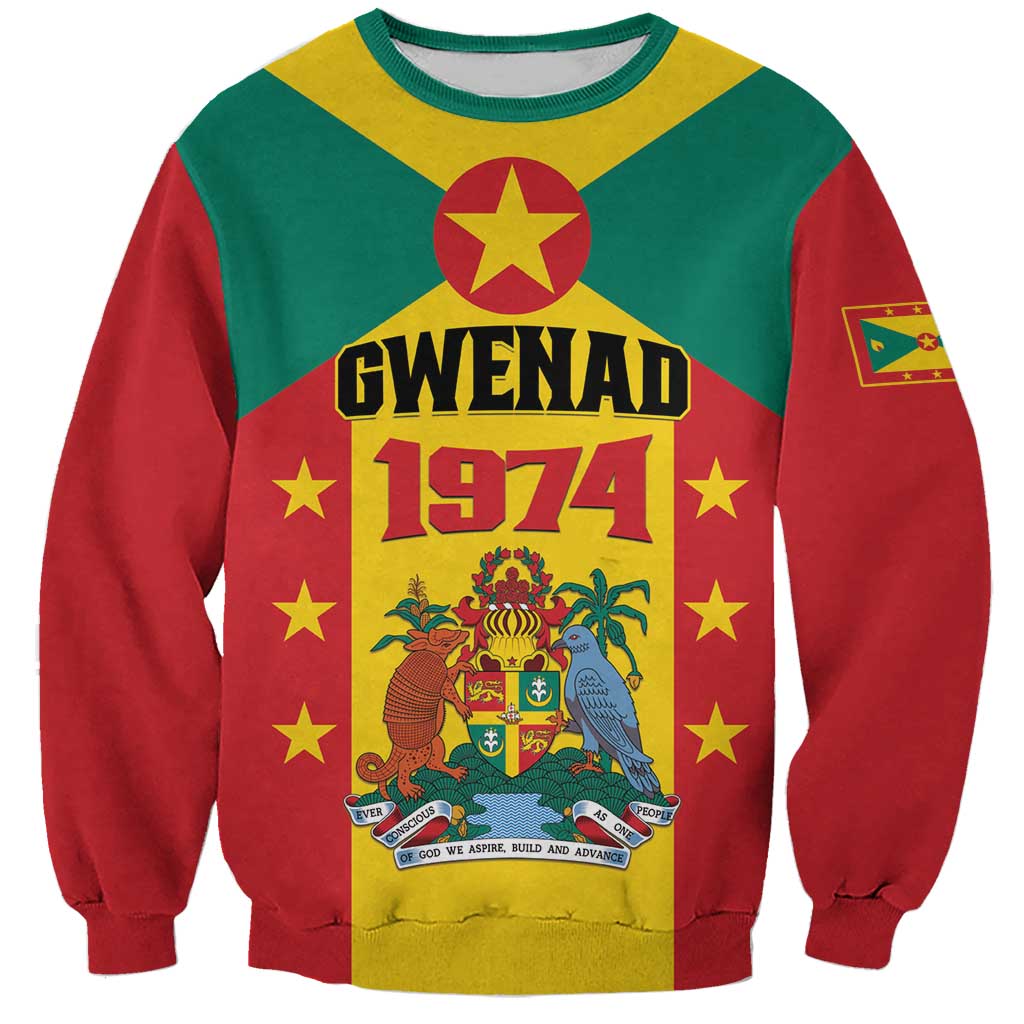 Personalized crewneck sweatshirt with Grenada flag graphic, 'GWENAD 1974' front