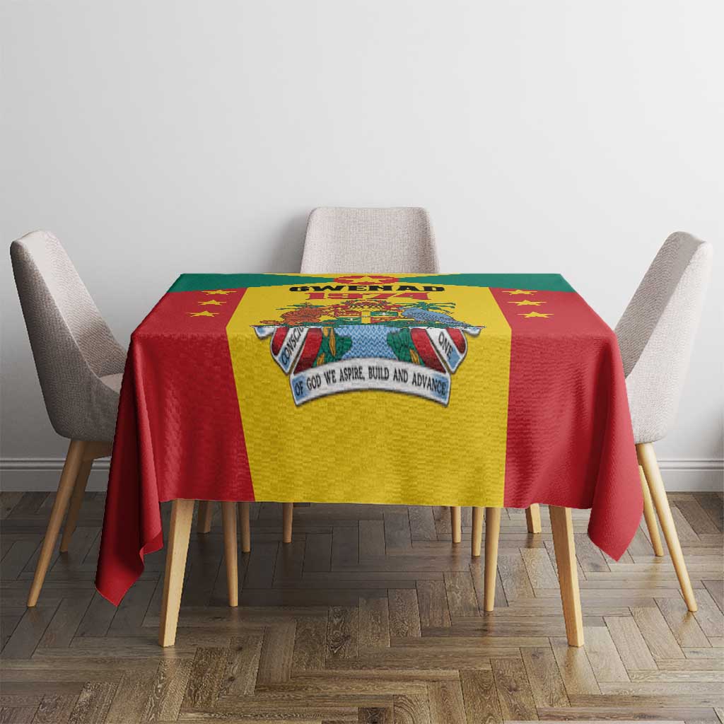 Red and yellow Grenada coat of arms tablecloth centered on a dining table