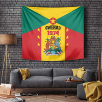 Grenada coat of arms tapestry flag with GWENAD 1974 text and starburst, mounted on wall