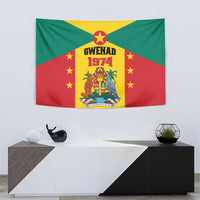 Grenada coat of arms tapestry flag with green, red, and yellow panels and GWENAD 1974