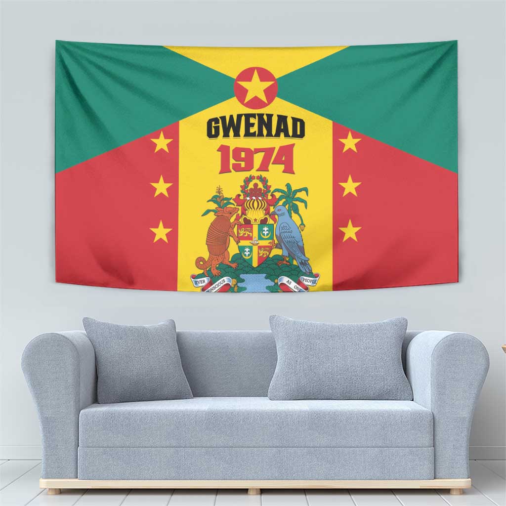 Grenada coat of arms tapestry flag showing GWENAD 1974 crest centered on yellow stripe