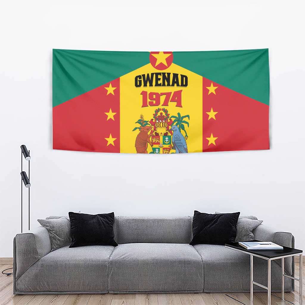Grenada coat of arms tapestry flag with GWENAD 1974 text, red-green fields, and golden emblem