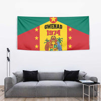 Grenada coat of arms tapestry flag with GWENAD 1974 text, red-green fields, and golden emblem