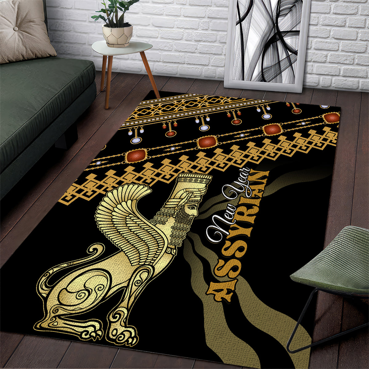 Black rectangular area rug with gold winged figure, blue orange accents, geometric border