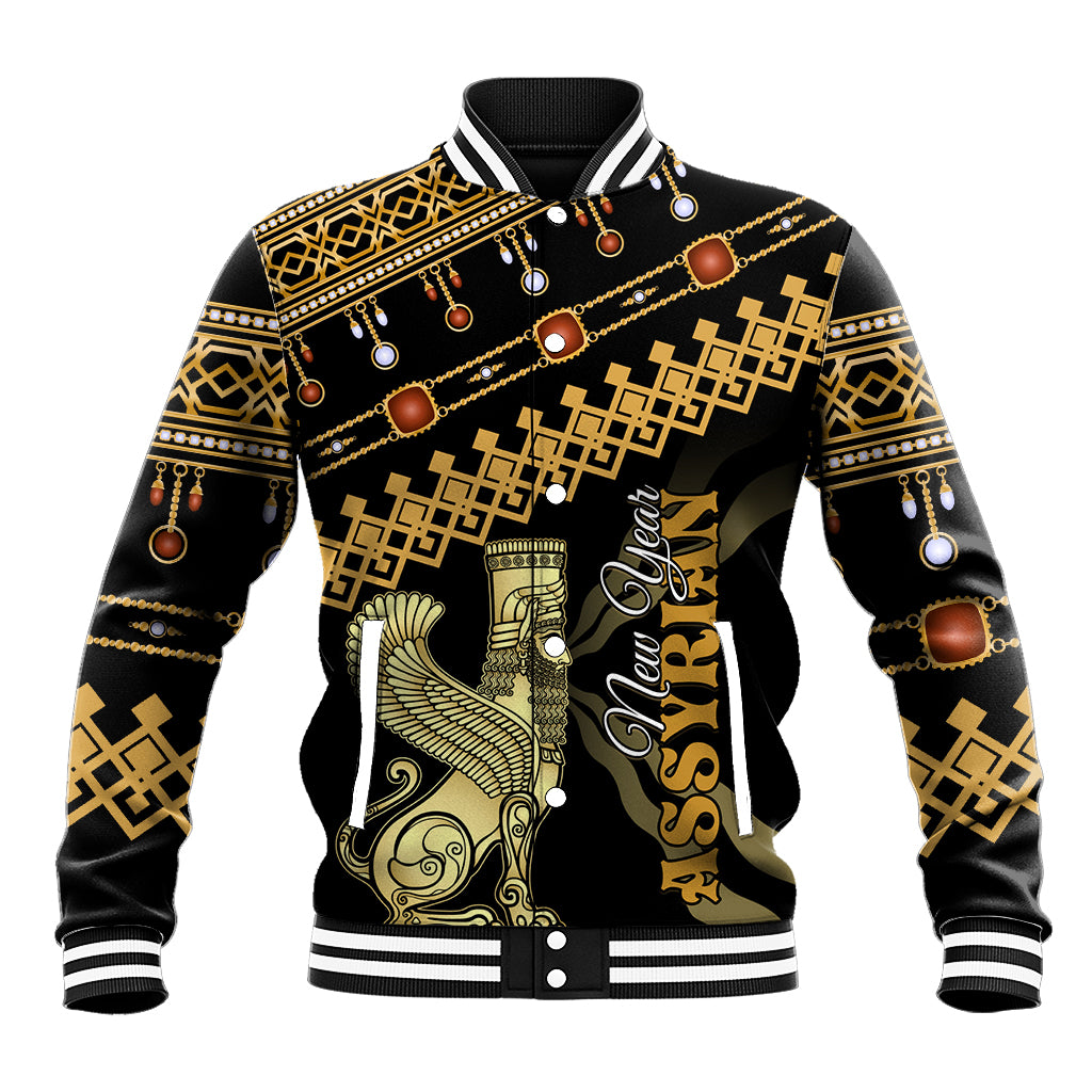 Black unisex baseball jacket with gold geometric accents and center bird graphic