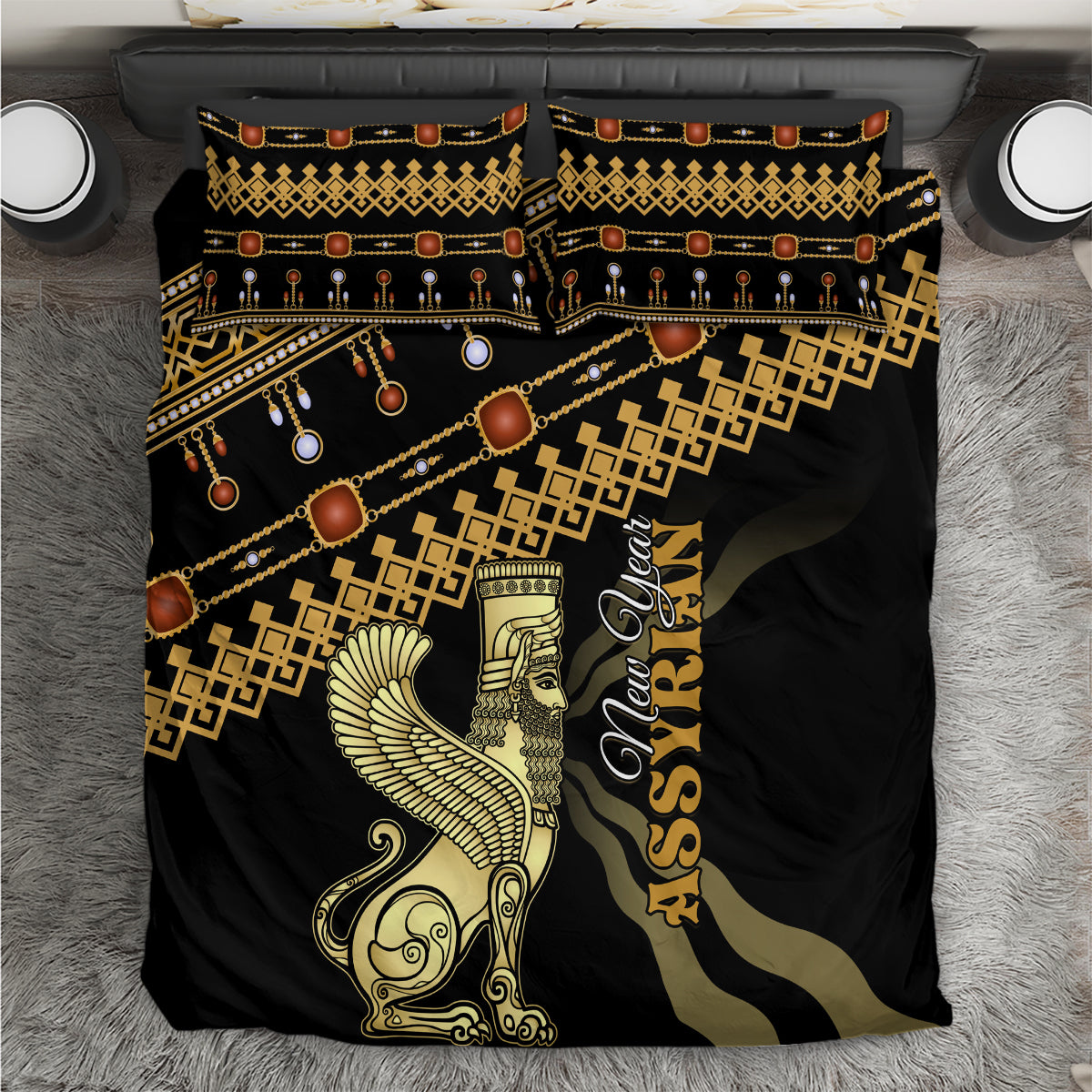 Black duvet cover and pillow set with gold geometric borders and bird artwork