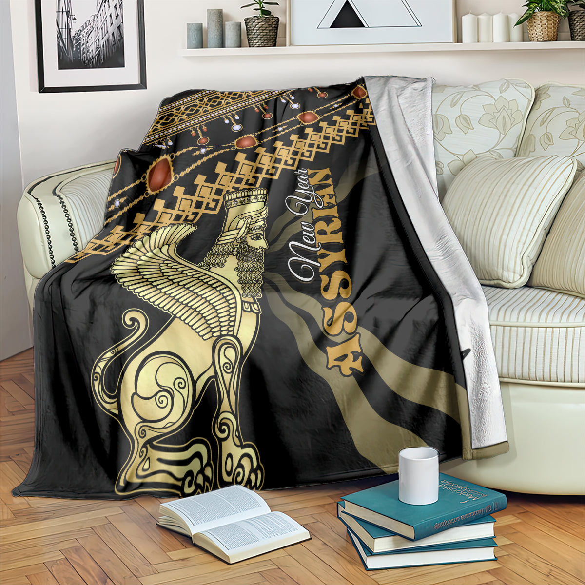 Black decorative blanket with gold Assyrian figure, winged motif, and geometric border
