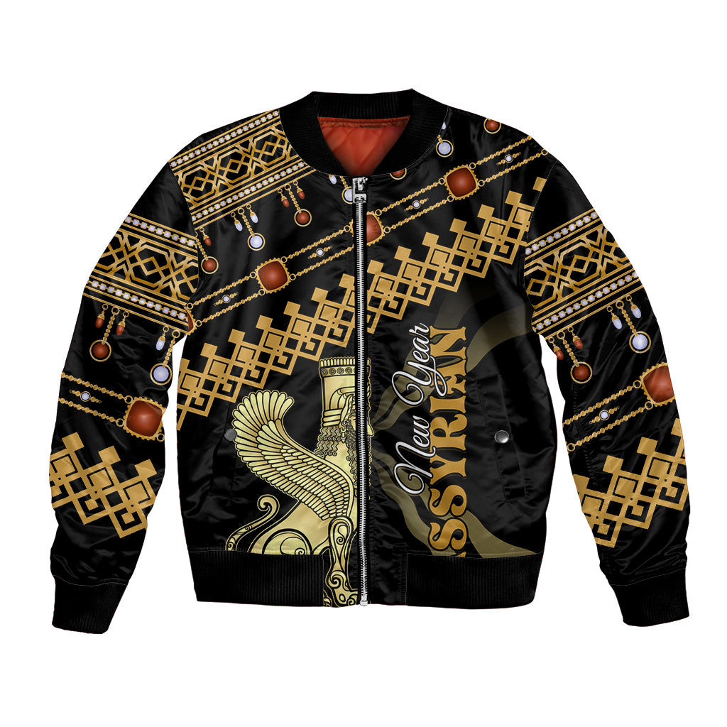 Black bomber jacket with gold geometric patterns, bird graphic, zip front and ribbed cuffs