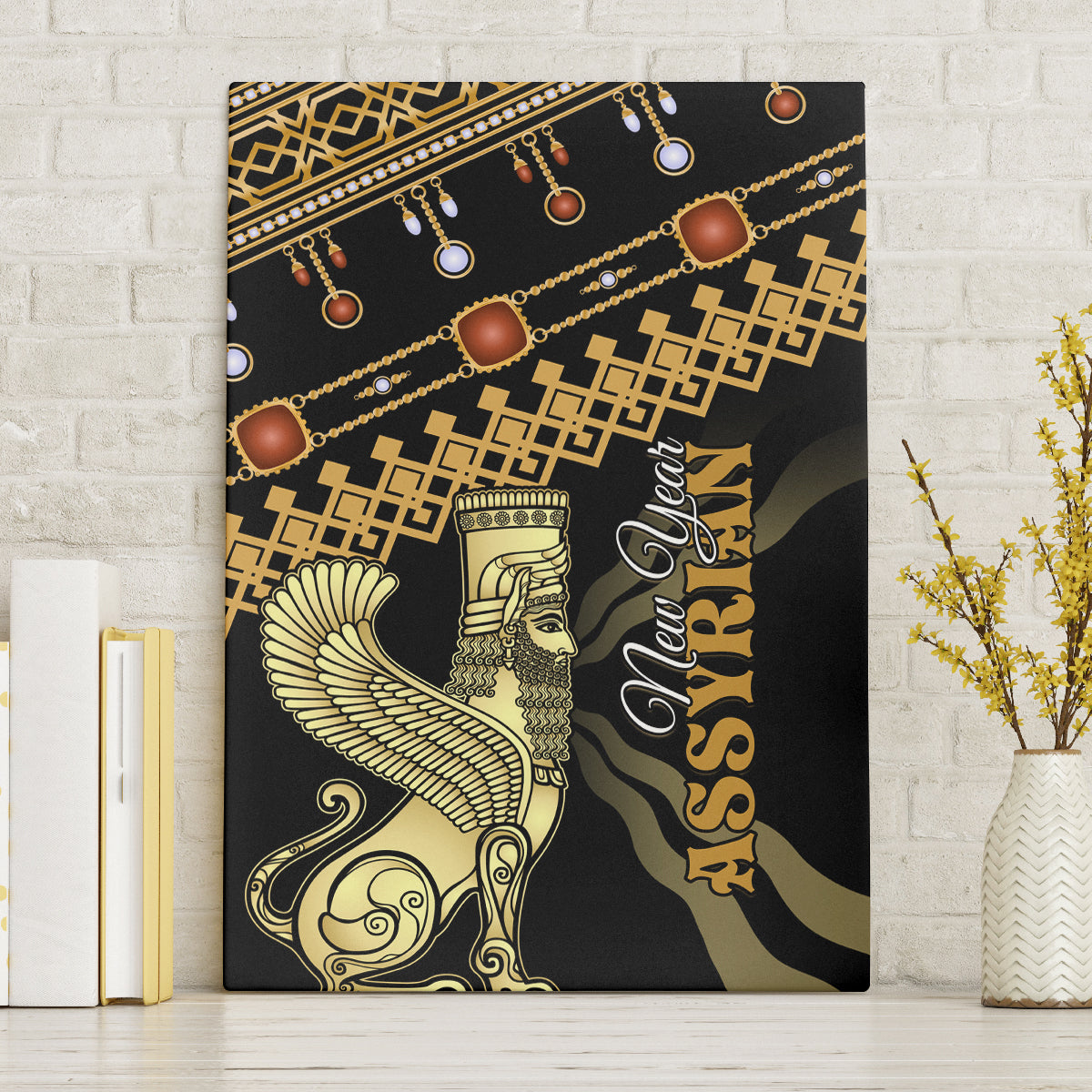 Rectangular black canvas wall art with gold Assyrian king and winged figure