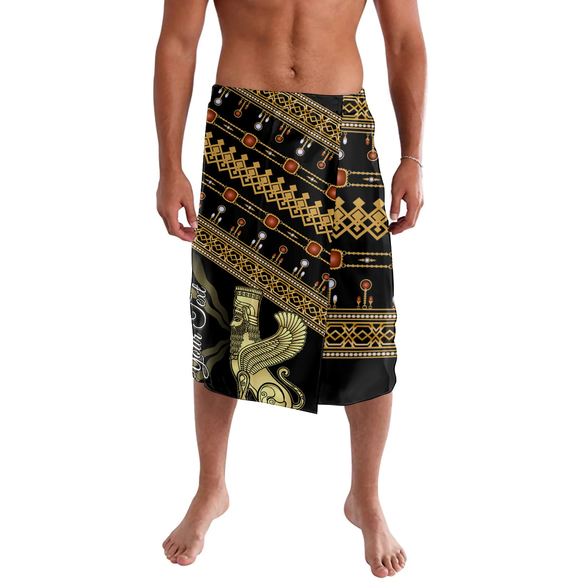 Black lavalava wrap skirt with gold geometric and accessory print