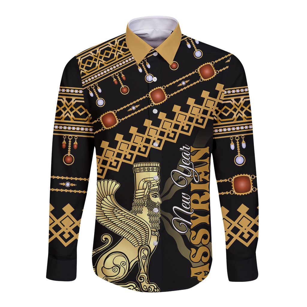 Black long-sleeve button shirt with gold geometric trim and illustrated figure on front