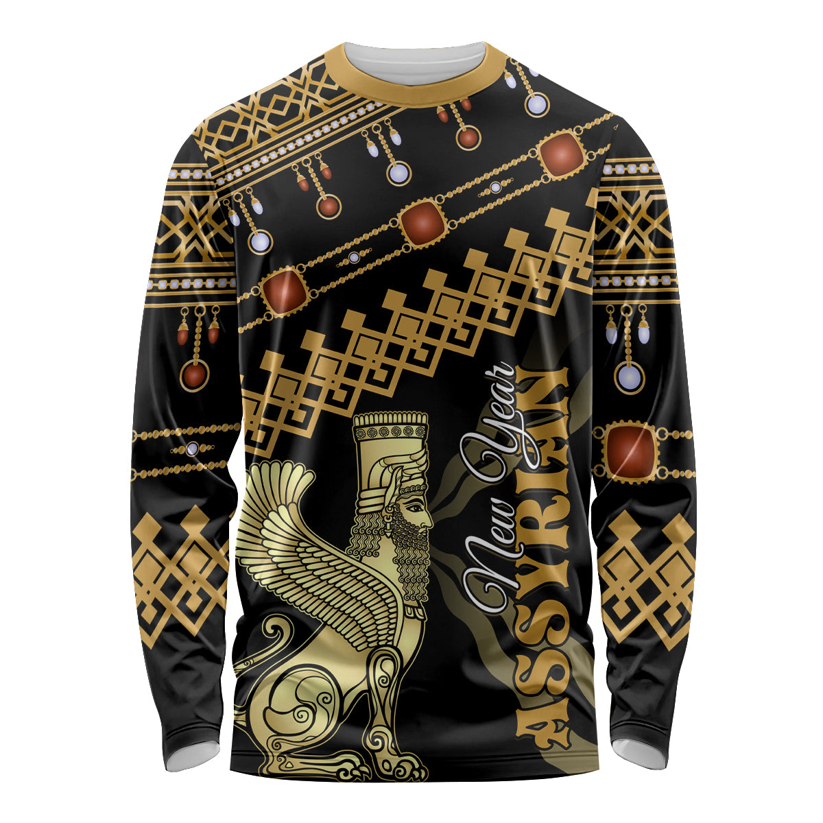 Unisex long sleeve black shirt with gold geometric and decorative motif print