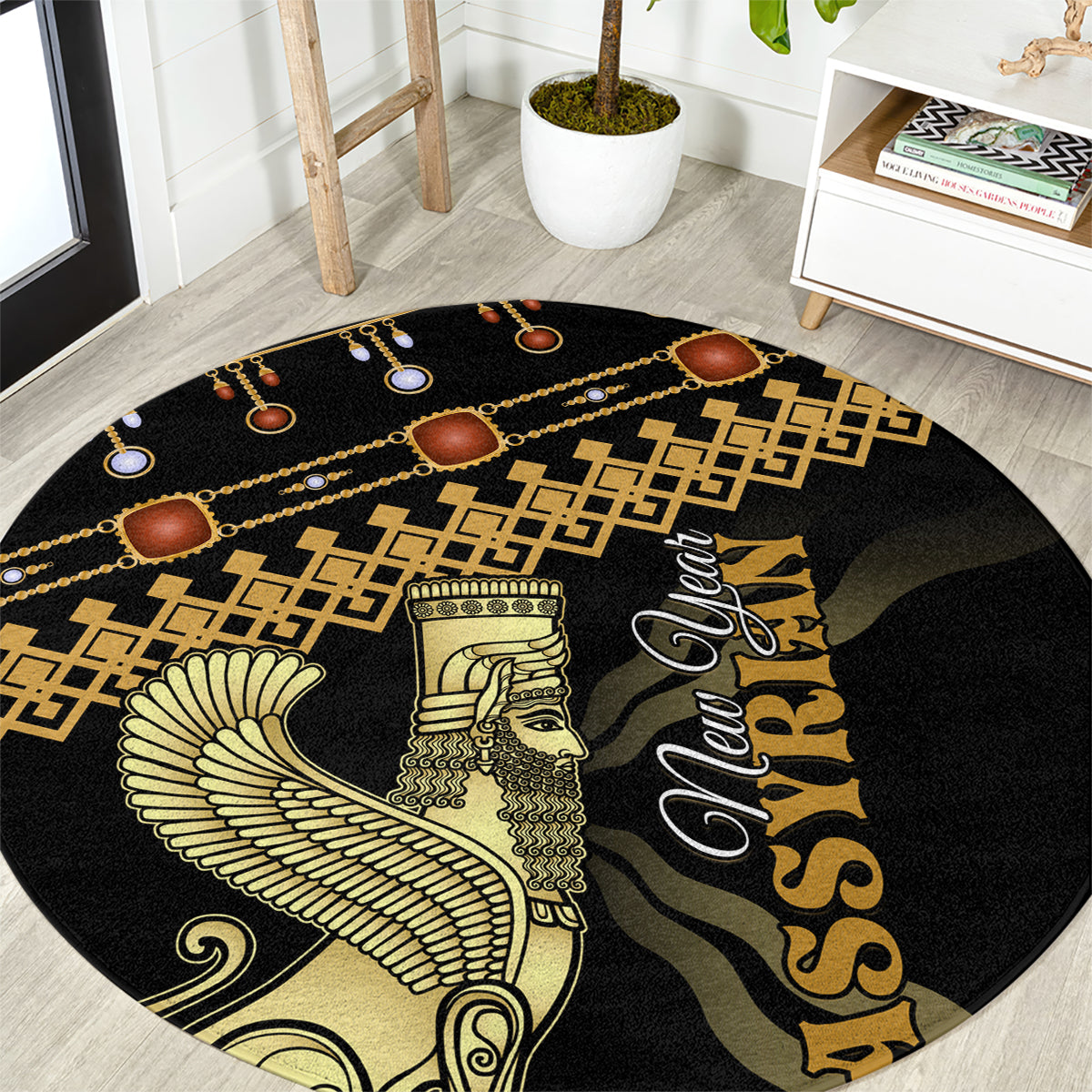 Black round area rug with gold Assyrian lion and geometric pattern