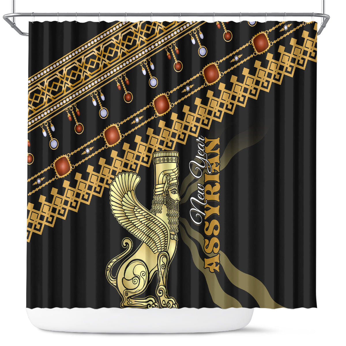 Black shower curtain with gold geometric trim, bead accents, and winged figure