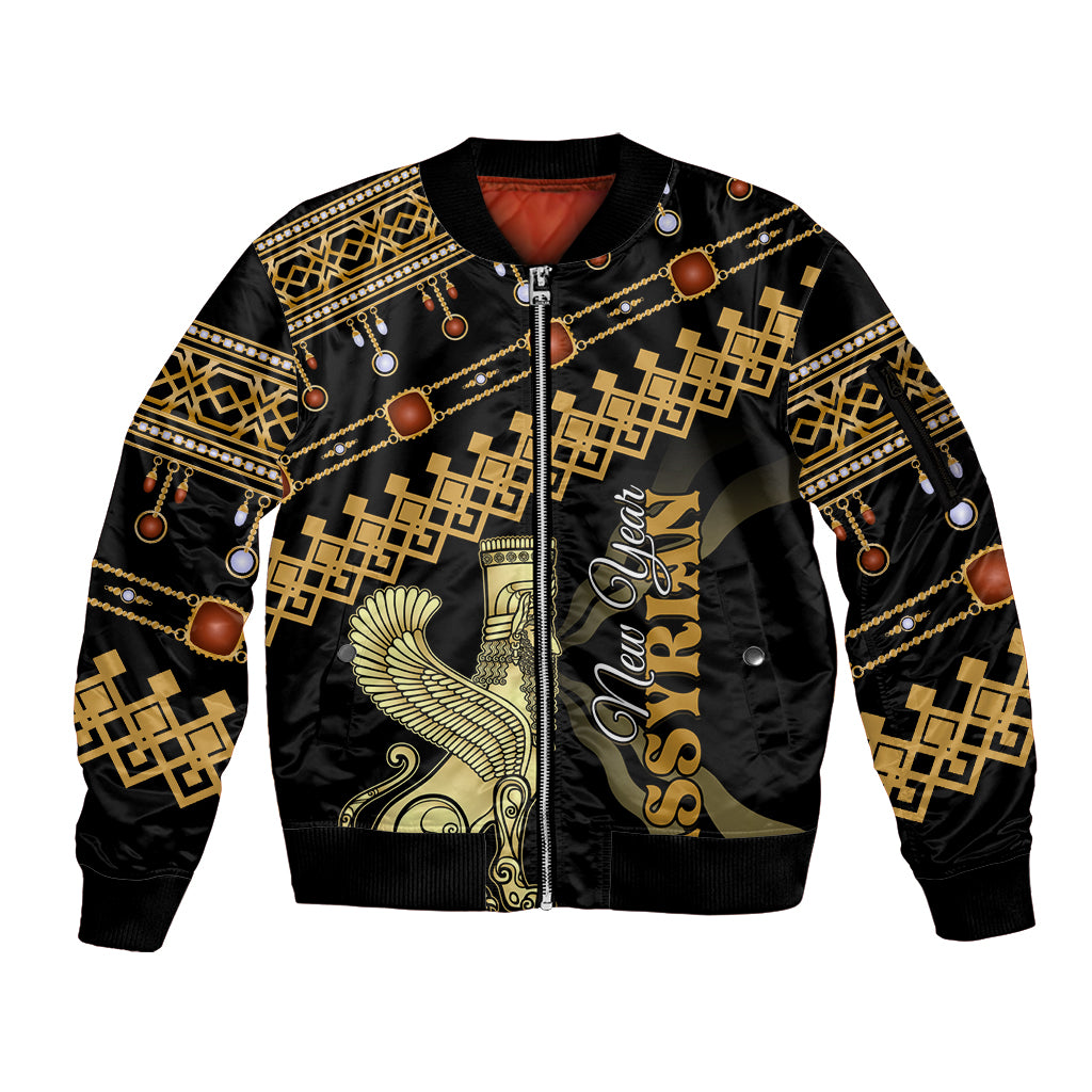 Black unisex bomber jacket with gold geometric trim and zip front, winged graphic