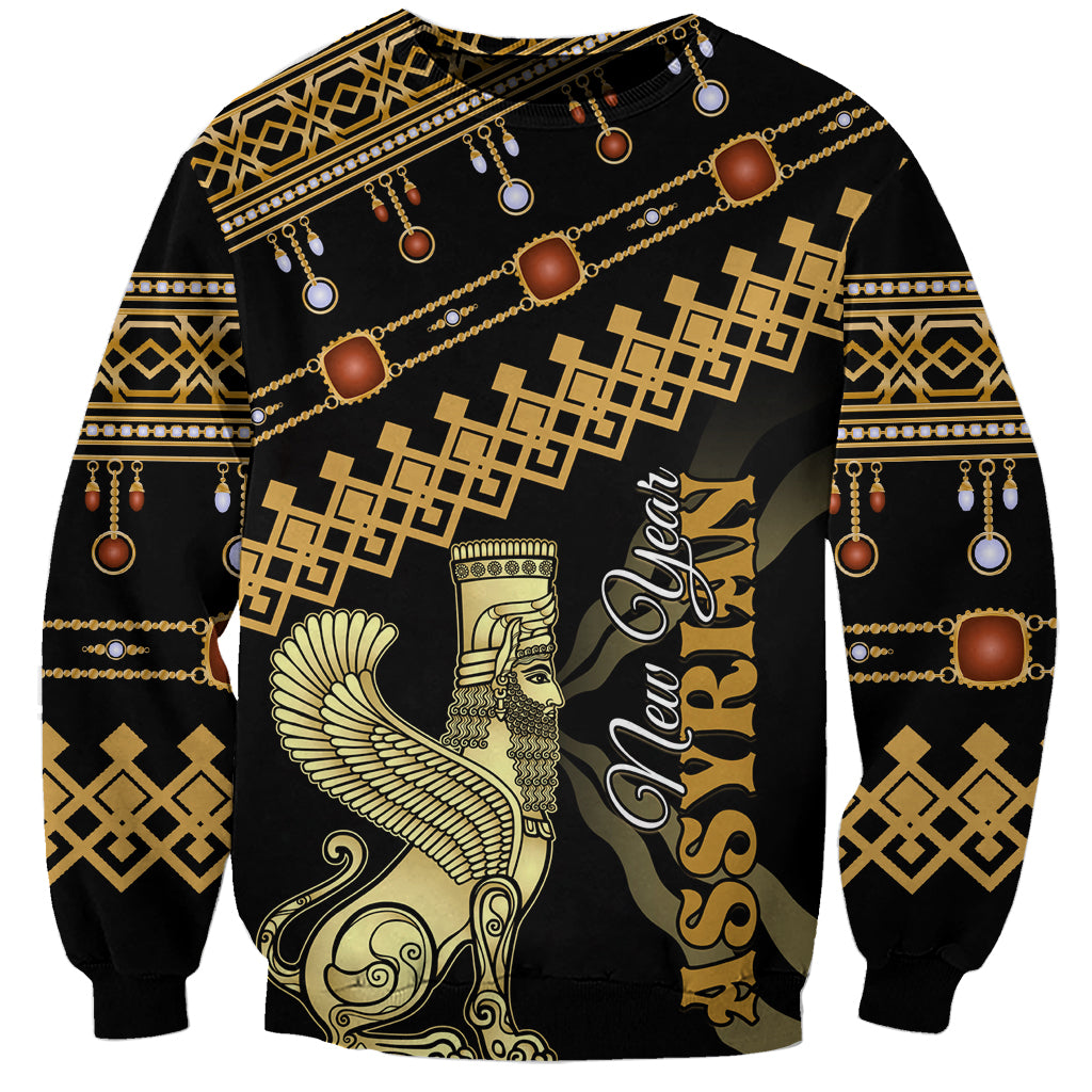 Unisex black sweatshirt with gold geometric trim, winged figure and crescent text