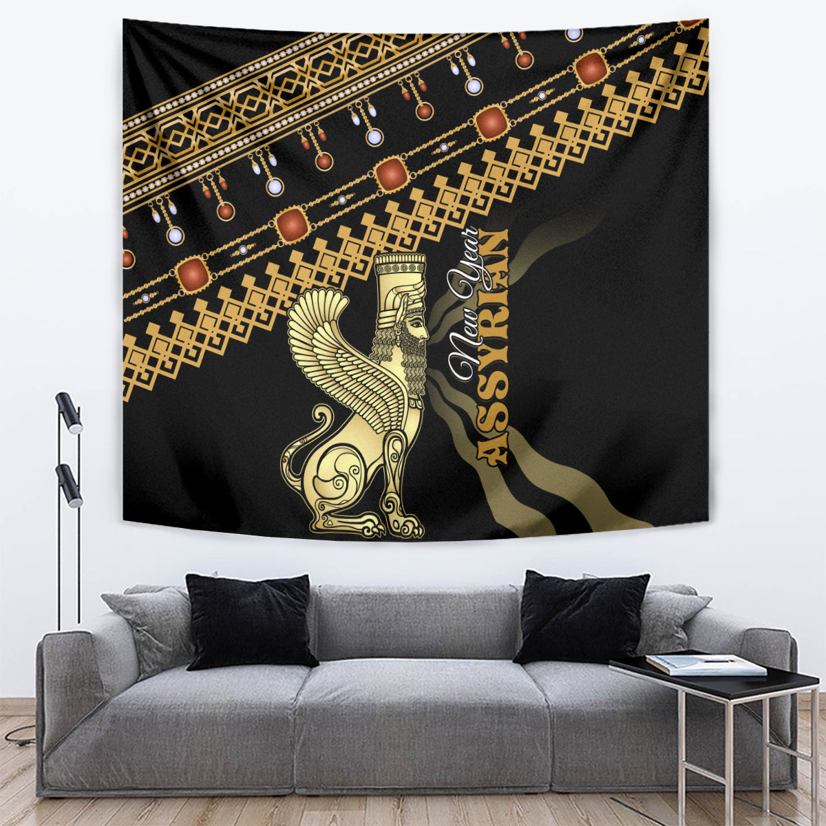 Black tapestry with gold geometric border and winged figure motif on diagonal stripe