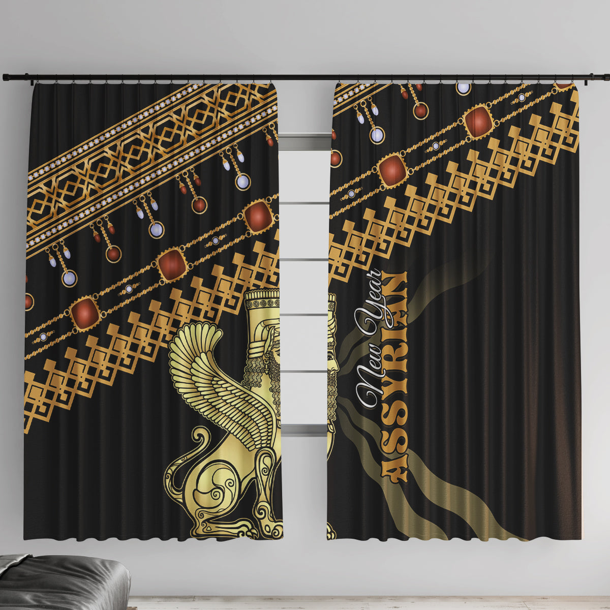 Black window curtain with gold geometric border and winged figure print