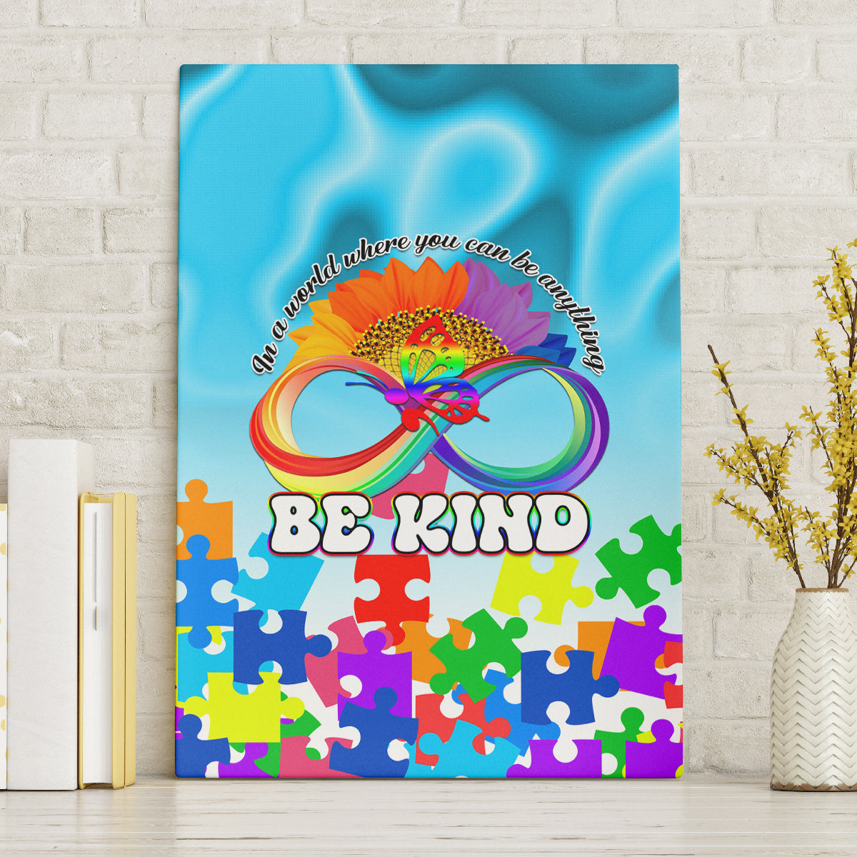 Blue canvas wall art with butterfly infinity heart and colorful puzzle pieces