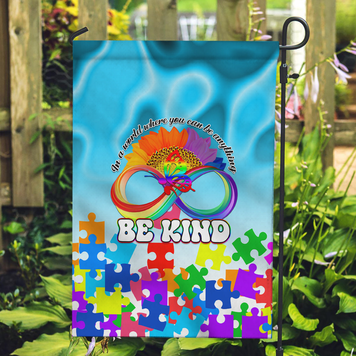 World Autism Awareness Day 2024 Garden Flag In A World Where You Can Be Anything Be Kind - Wonder Print Shop