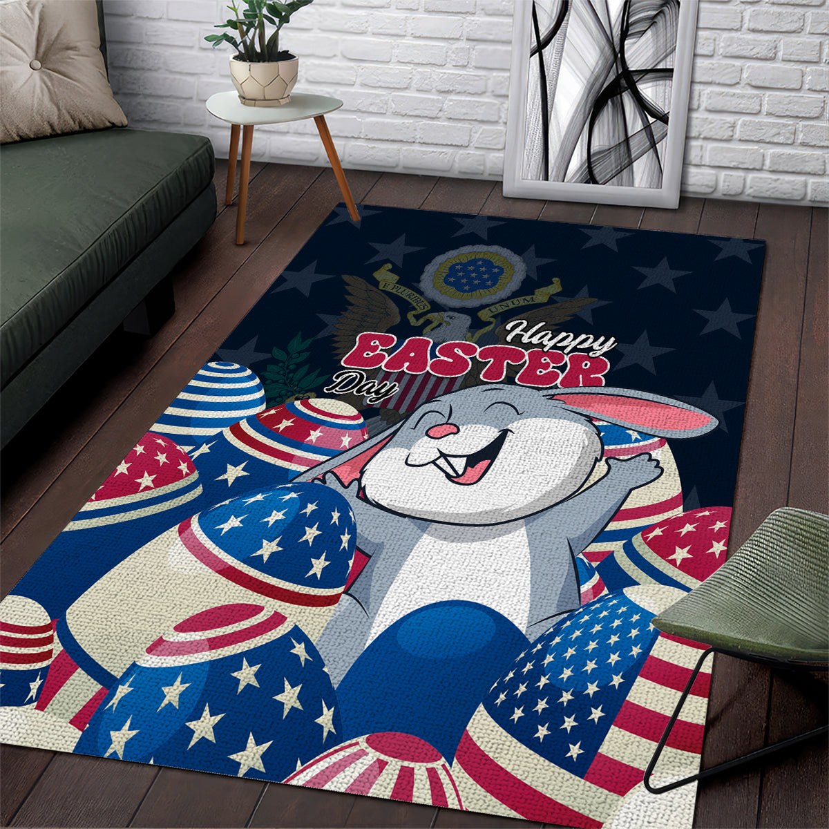 Blue Easter area rug with cartoon bunny, patriotic stars, and Happy Easter lettering