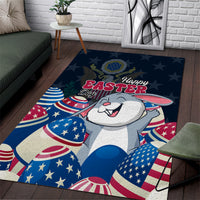 Blue Easter area rug with cartoon bunny, patriotic stars, and Happy Easter lettering