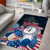 Blue Easter area rug with centered bunny and patriotic egg-and-star graphic, Happy Easter text