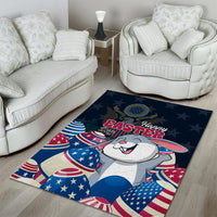 Blue Easter area rug featuring a cartoon bunny with patriotic eggs and “Happy Easter” lettering