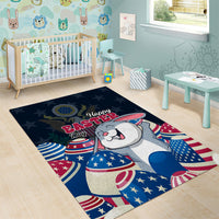 Blue Easter area rug with bunny artwork, patriotic star pattern, and Happy Easter message